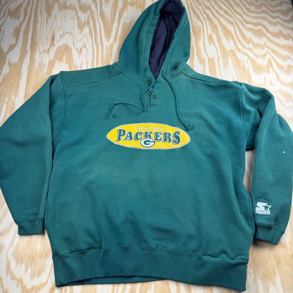 Vintage Starter Green Bay Packers Henley Hoodie Mens Large Green NFL Pockets
